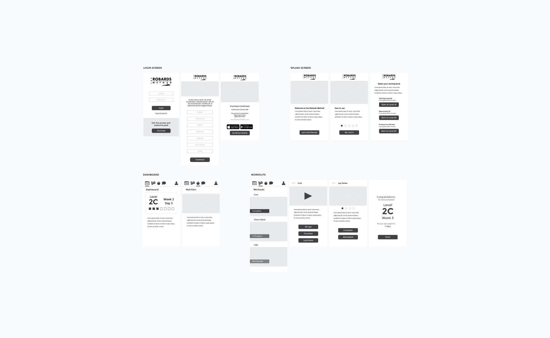 Wireframes for the home page of the website