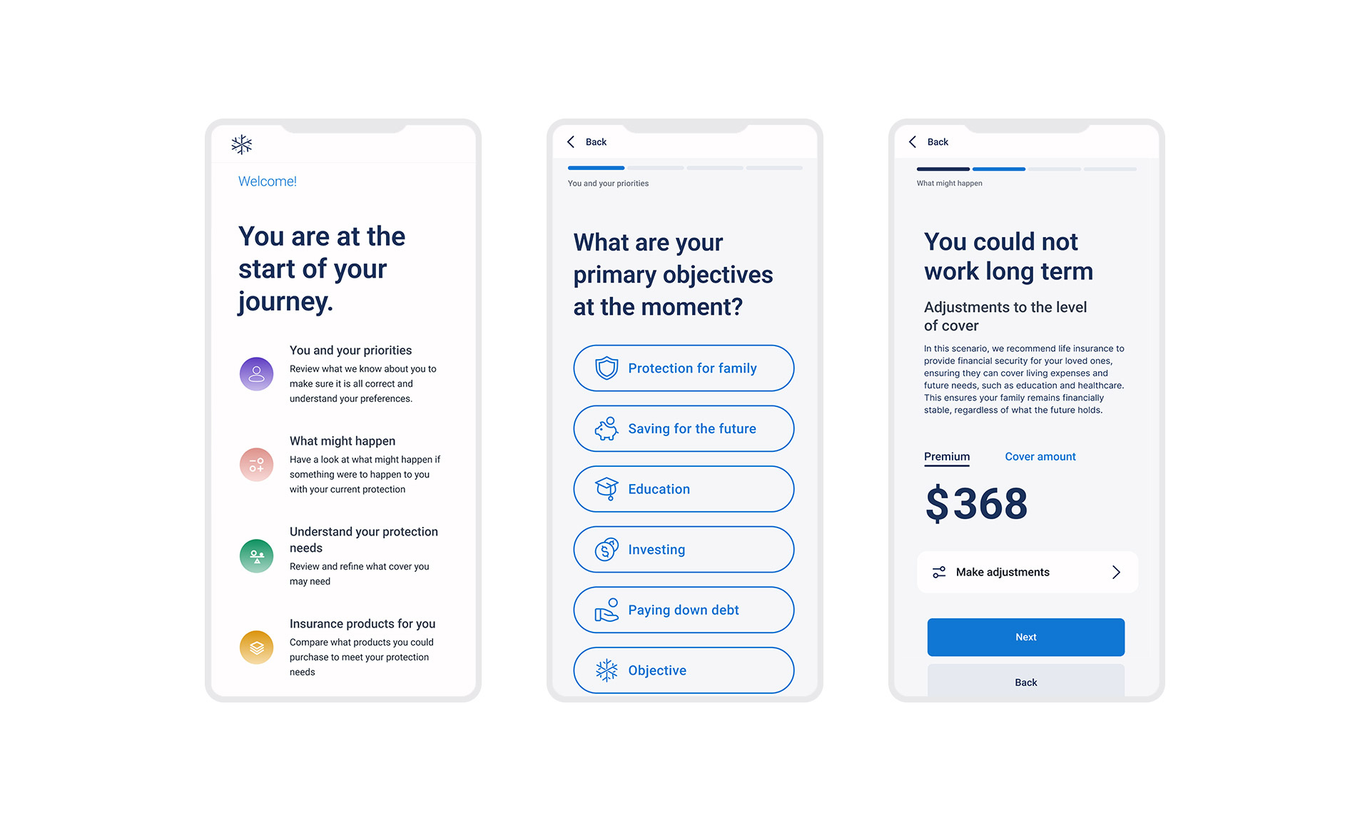 Mobile screens showing parts of the insurance journey.
