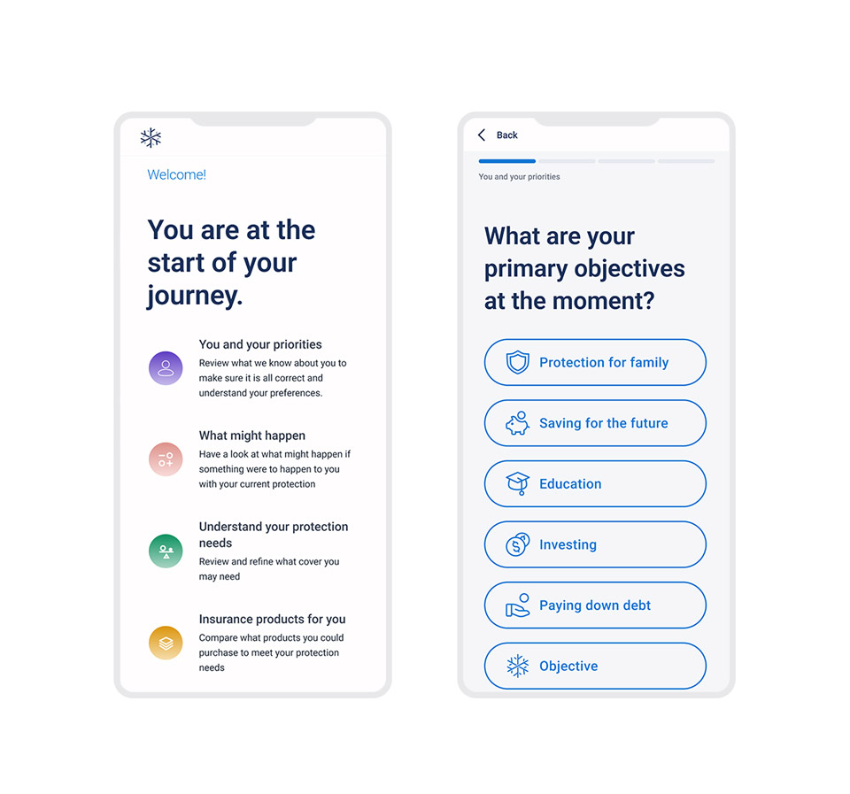 Mobile screens showing parts of the insurance journey.