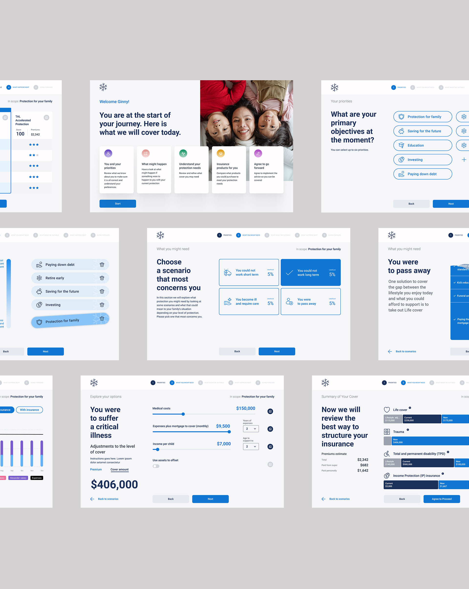 Desktop screens showing parts of the insurance journey.