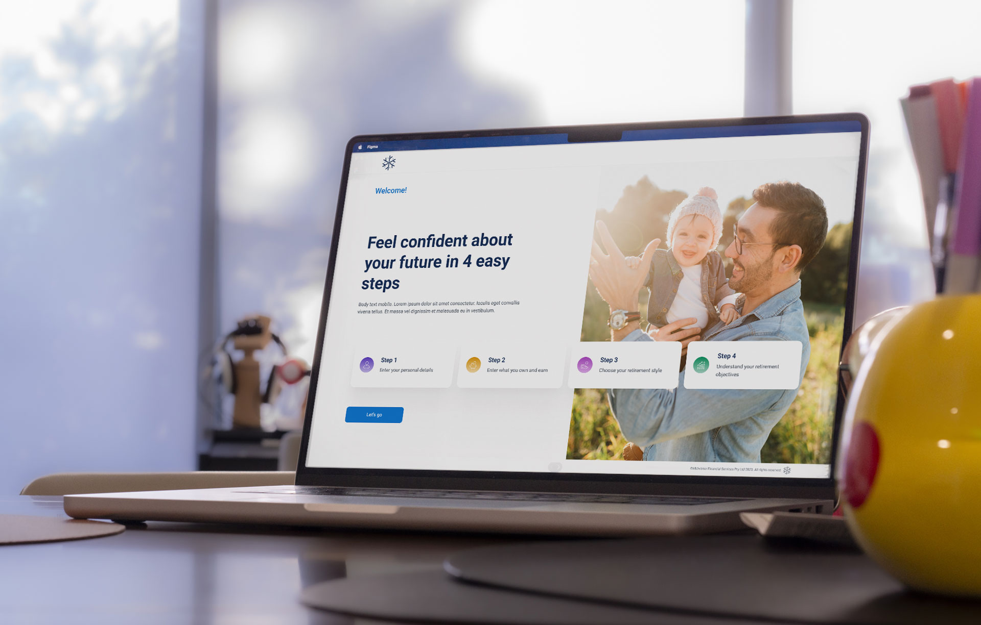 A laptop is positioned on a desk, displaying the welcome page of an insurance journey. The screen outlines the four steps of the journey, providing a clear and inviting introduction for users.